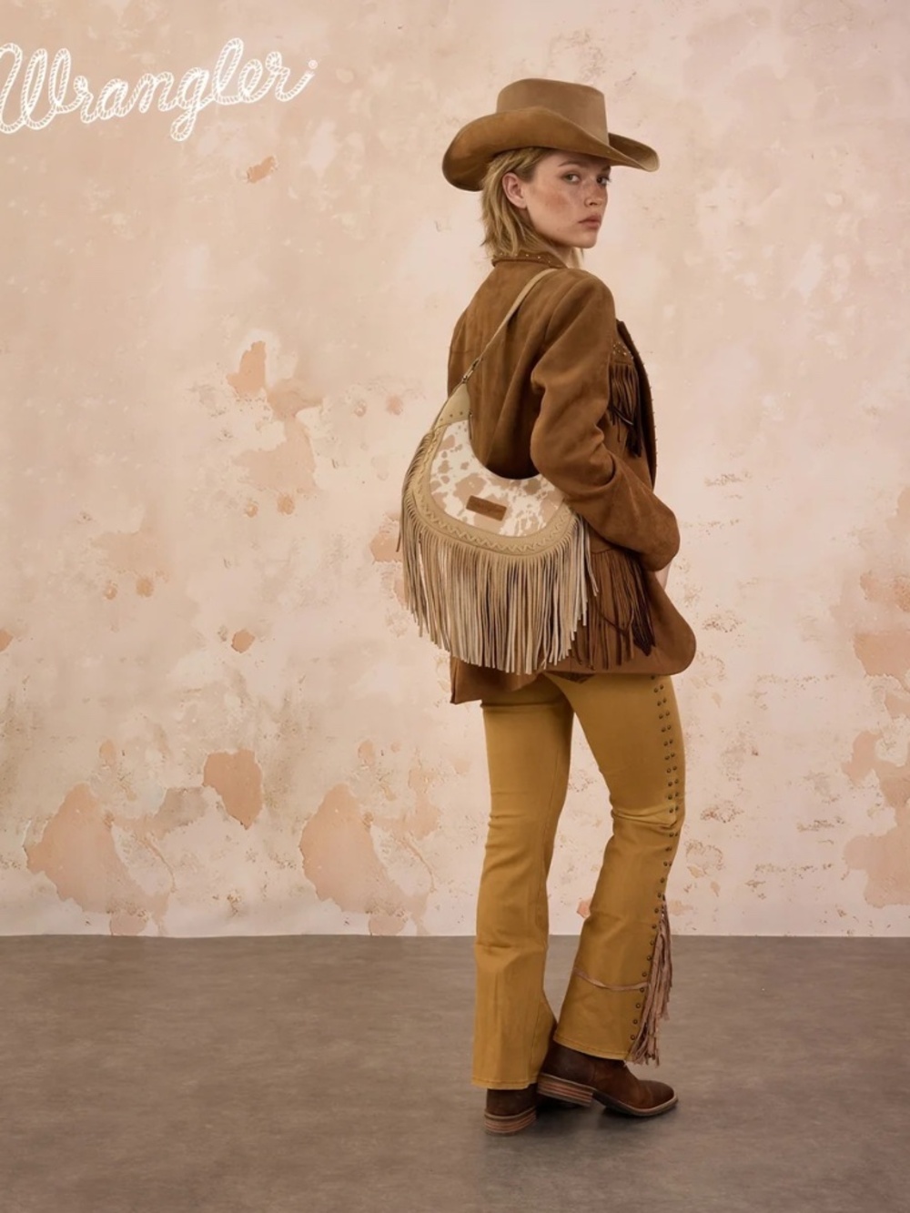 Wrangler Cow Print Fringe Shoulder Hobo Bag Tan
